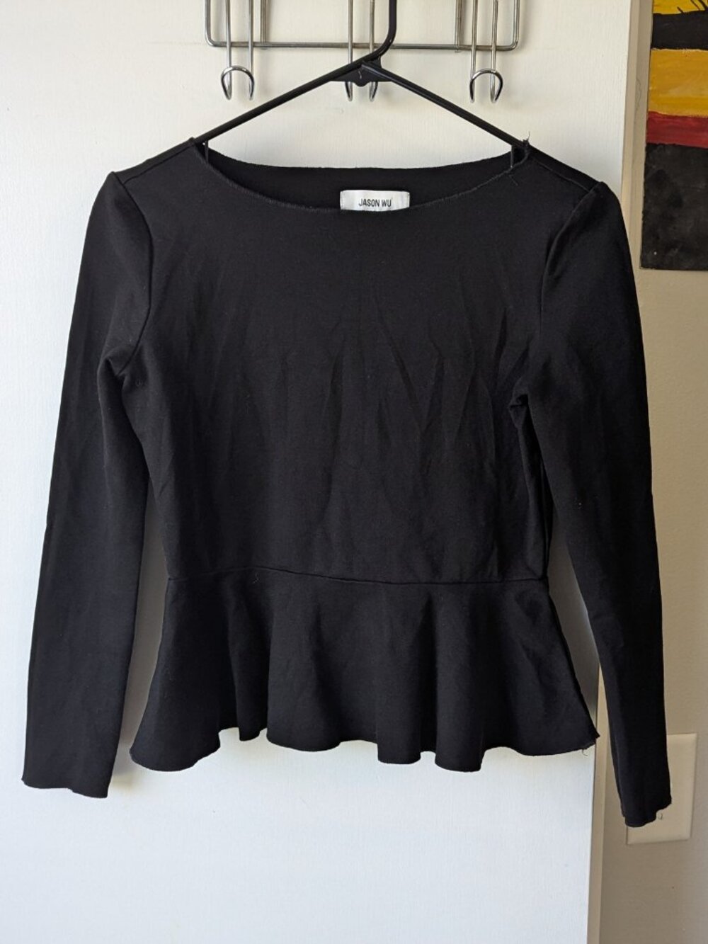 Jason Wu Black Long Sleeve Peplum Top Blouse Shirt Size XS